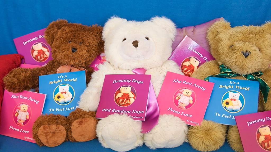 All the books by Mawson Bear, the baffled writer-bear for our befuddled times