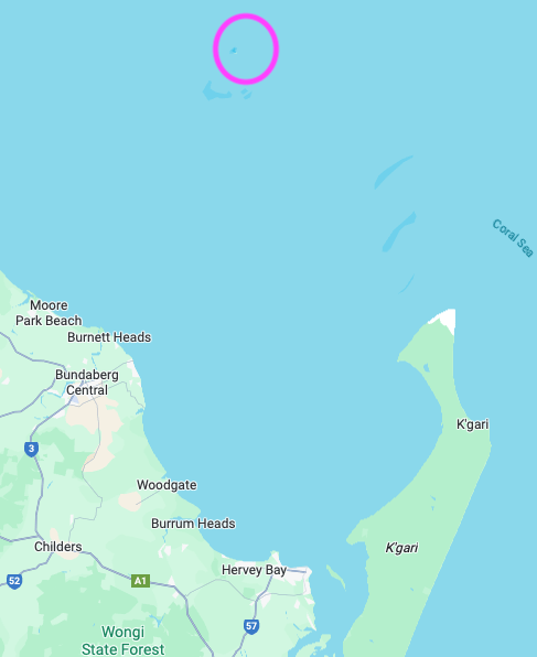 map showing where Lady Elliot Island is relative to Hervey Bay and K'gari