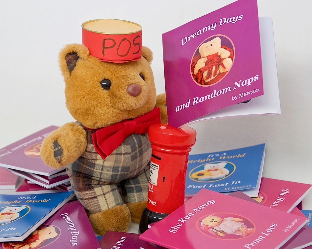 Teddy bear Scotty wearing a postal worker hat tries to post a large book into a small post box