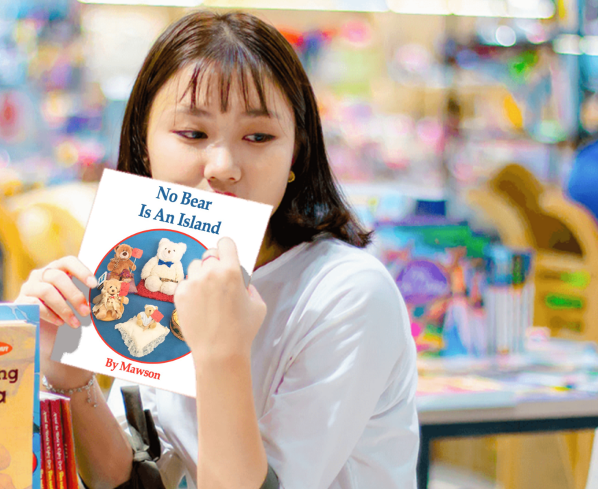 Images of people taking Mawson's book No Bear Is An Island from bookshelves
